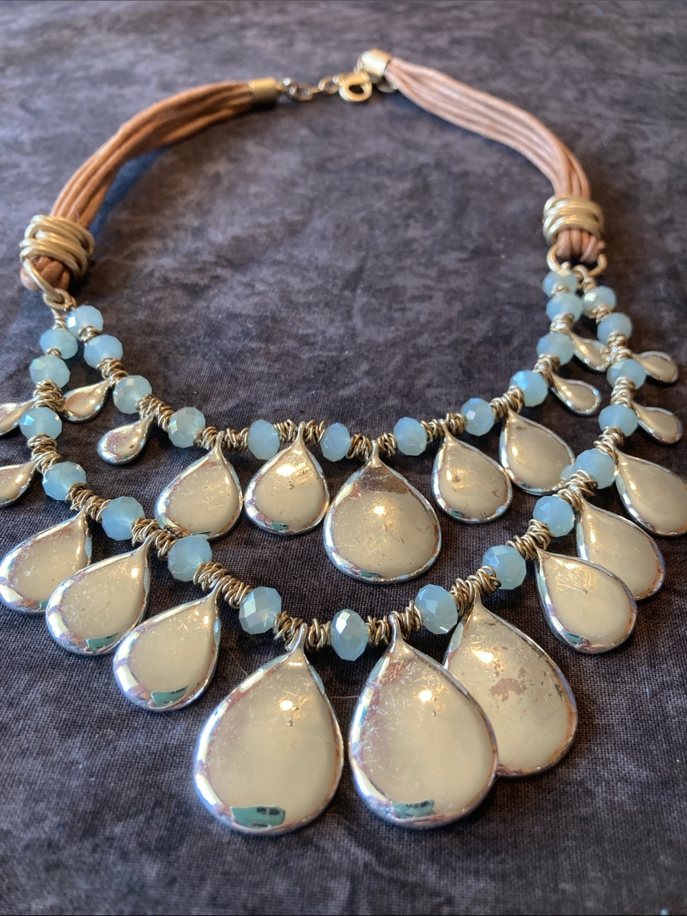 Statement Teardrop Bib Necklace in Light Blue and Silver Tone